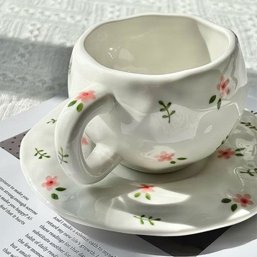 韓式ins風 手繪花卉手工陶瓷咖啡杯碟 跨境 高顏值早餐杯拿鐵杯子