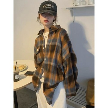 磨毛藍色格子襯衫女春美式復古小個子長袖上衣外套學生中長款襯衣