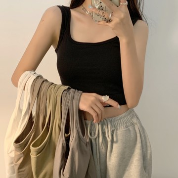 FUXI 寬肩方領背心女 小可愛 胸墊背心 免穿內衣 短版背心 罩杯小可愛 素色內搭 打底背心 無袖修身上衣【A】