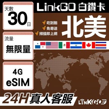 LinkGO白鑽卡 北美 eSIM卡 30天吃到飽不降速 高速流量(北美網卡 美國 加拿大 墨西哥)