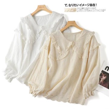 凜美日系秋季新款純棉刺繡森系燈籠袖上衣圓領木耳邊寬松甜美襯衫