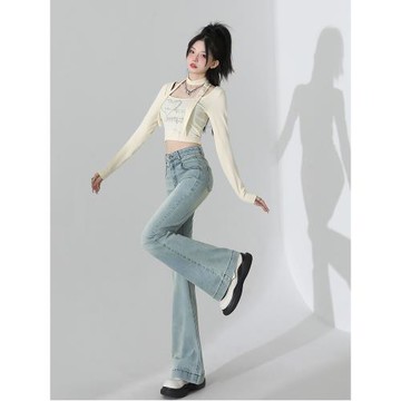 淺藍色微喇牛仔褲女2025年春季新款高腰顯瘦小個子彈力馬蹄喇叭褲