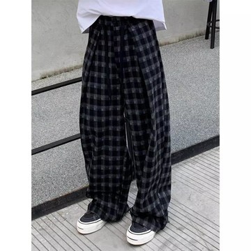 【台灣出貨】美式復古黑白格子褲男款夏季慵懶彎刀闊腿褲高級感垂感運動休閒褲
