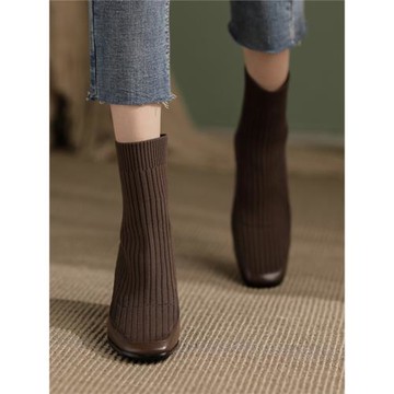 歐洲站方頭女靴子2024新款真皮短靴針織彈力襪靴粗跟短筒瘦瘦靴女