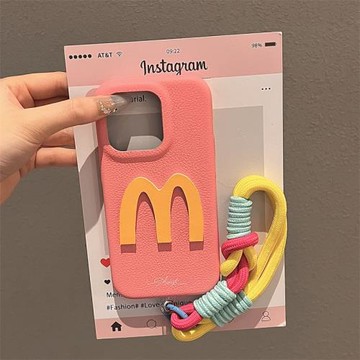 【帶掛繩】玫粉底麥門M適用蘋果16手機殼新款16promax套iphone16pro硅膠蘋果15防摔蘋果13全包14超好看12女款