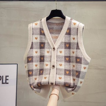 棋盤格針織開衫馬甲背心女2025秋冬新款寬松馬夾外穿上衣毛衣坎肩