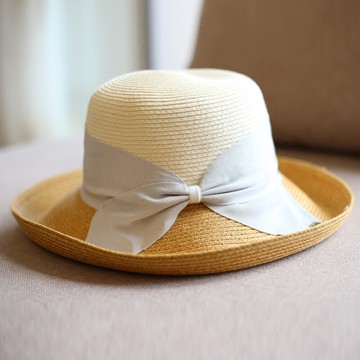 拼色大沿卷邊蝴蝶結漁夫帽盆帽草帽子遮陽帽 女 防曬遮臉出游百搭1入