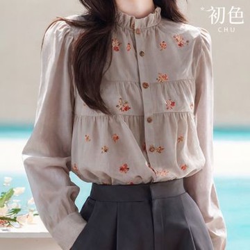 初色 法式純色印花荷葉領單排多釦燈籠袖襯衫-淺紫色-37744(M-2XL可選)