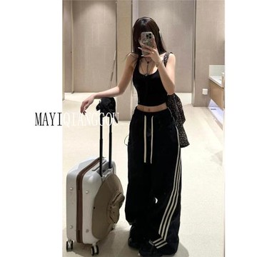 175高個子加長180街頭三條杠闊腿彎刀褲女寬松直筒休閑條紋運動褲