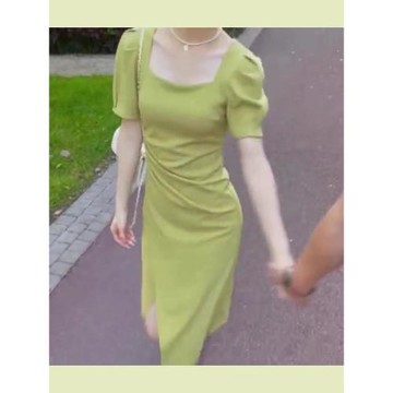 2026年夏季新款冷淡風jue美抹茶綠茶歇裙小個子泡泡袖方領連衣裙