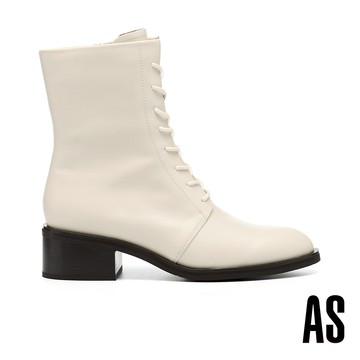 AS 簡約率性純色綁帶全真皮高跟短靴－米白