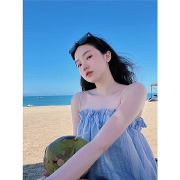 海南三亞旅游度假條紋無袖吊帶背心海邊沙灘拍照短款小眾抹胸上衣