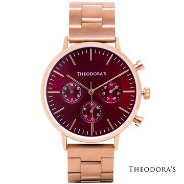 【Theodora's】Apollo [可調式]中性三眼實心鋼鍊帶腕錶 三眼酒紅-鍊帶玫金