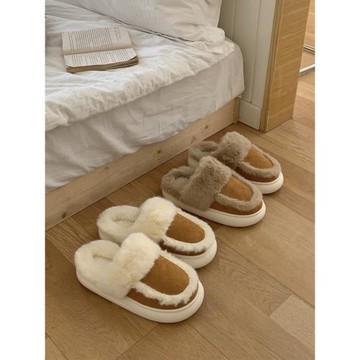 情侶復古風保暖撞色棉拖鞋女士冬季家居臥室防滑軟底包頭毛毛鞋男