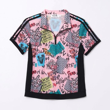 CLL巧玲瓏 字母花漾圖騰半開襟短袖上衣 2639336