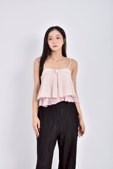 (S) 【艾玲私服】shein修身短版細肩帶蝴蝶結粉色上衣