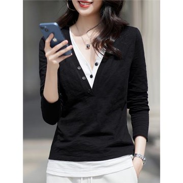 長袖t恤女春季2026年新款v領寬松大碼打底衫假兩件黑白色女士上衣