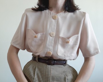 復古粉紅裸色襯衫紐帶式簡約襯衫附口袋