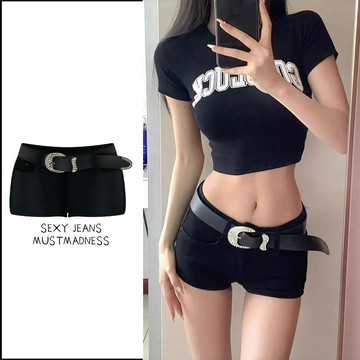 初系現+貨 免運 美式辣妹送腰帶牛仔熱褲~ 熱褲 短褲女 牛仔短褲 超短褲 辣妹短褲 黑短褲 夏天短褲 y2k 韆禧辣妹