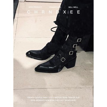 羊皮版~羅馬條帶尖頭單鞋女2025新款高幫性中筒感鏤空粗跟高跟鞋