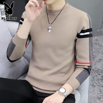 花花公子冬季男士毛衣潮流拼色圓領線衣休閑保暖打底針織衫男裝