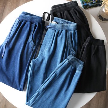 彈力巨大~重水洗！復古針織毛圈棉 顯瘦束腳褲牛仔色休閑衛褲男