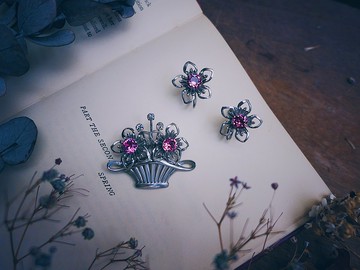 Van Dell 粉紅花禮純銀胸針耳環－美國古董首飾 Vintage Jewelry