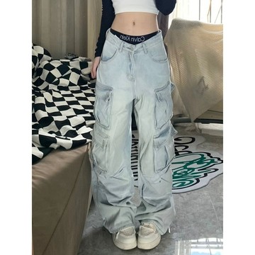 【吉野姐姐】S-4XL 大碼美式高街復古工裝牛仔褲女 大口袋工裝褲 多口袋 直筒寬鬆水洗墜感顯瘦闊腿褲 工裝寬褲 拖地褲