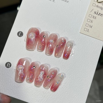 ✨Hannah✨純手工【粉色水母】夢幻暈染少女心亮片立體水母溫柔穿戴甲精緻穿戴甲 SNBL