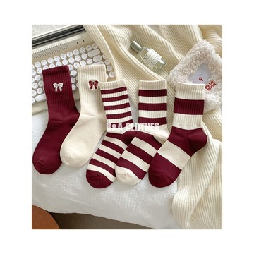 條紋襪🤍現貨🤍蝴蝶結中筒襪 安可拉紅 中筒襪 女生襪子 女襪 學院風 堆堆襪 R&A CLOTHES