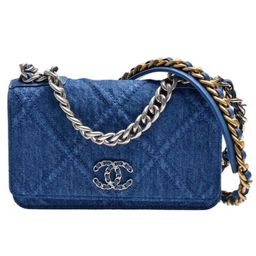 CHANEL 19系列經典雙C LOGO菱格紋單寧布仿舊銀色鍊帶WOC手提/斜背包(牛仔藍色)
