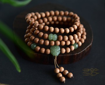 沉水料【素木守護】天然印度老山檀沉108顆和田玉配飾佛珠手鏈