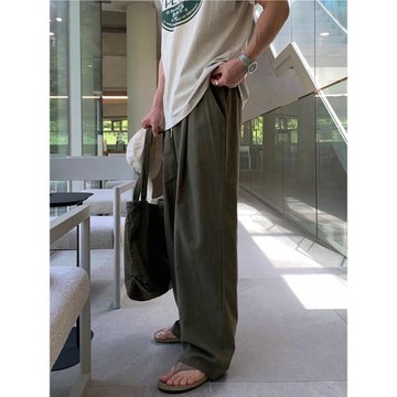 MRCYC垂墜感簡約休閑褲男夏季寬松直筒拖地褲韓系通勤風闊腿長褲