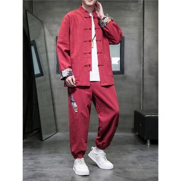 漢服男春秋款中國風男裝古風亞麻套裝青年中山裝中式唐裝夾克外套