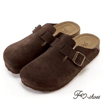 FM SHOES 全真皮足弓減壓麂皮半包拖饅頭鞋 咖啡
