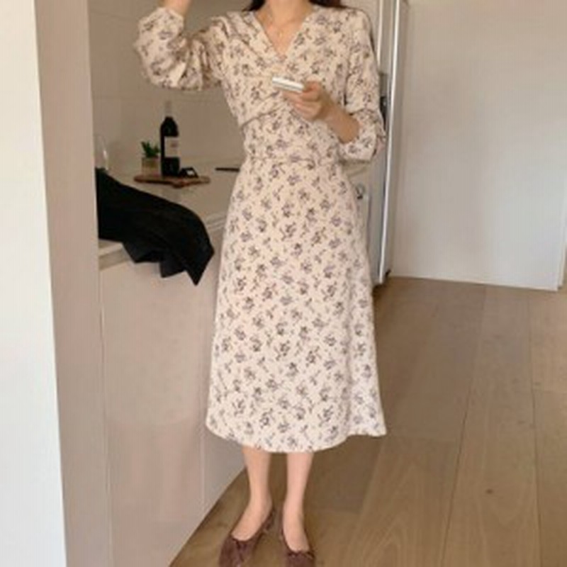 3色 花柄 Vネック ワンピース ミモレ丈 ギャザー リボン ベージュ ブラック パープル デート フェミニン レディース ファッション 韓国 通販 Lineポイント最大6 0 Get Lineショッピング