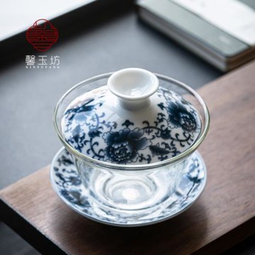 馨玉坊透明玻璃蓋碗陶瓷青花三才碗泡茶杯沖茶手抓沏茶碗功夫茶具