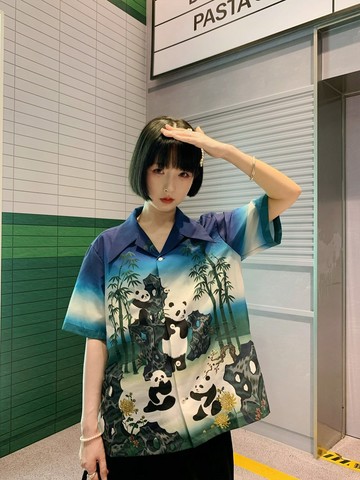 限定設計中華風熊貓竹林印花夏威夷襯衫開領復古短袖寬松