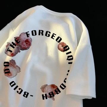 重磅華夫格t恤男夏季寬松圓領短袖體恤美式復古印花上衣男士半袖