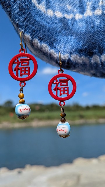 虎眼石招財貓垂墜耳環