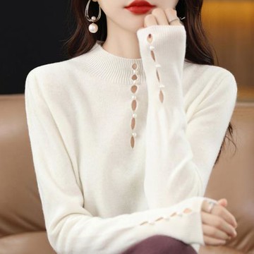 時尚半高領純色珍珠扣破洞薄款針織衫2025秋冬季內搭外穿羊絨毛衣