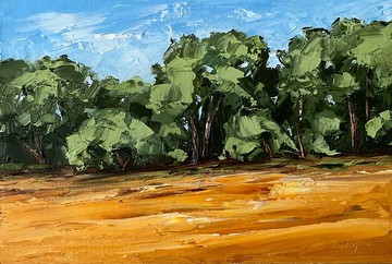 原始的黃色田野風景樹油畫在帆布紋理厚塗上