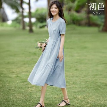 初色 赫本風優雅復古收腰顯瘦肌理感圓領短袖中長連衣裙連身洋裝-共2色-12520(M-2XL可選)