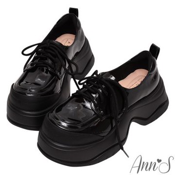 Ann’S甜酷不安分(進階)視覺激瘦 四孔綁帶厚底樂福鞋6.5cm-漆皮黑
