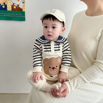 嬰兒春裝男女寶寶衣服海軍風小熊嬰兒連體衣春秋嬰兒衣服外出服鑫弘-素時衣櫥