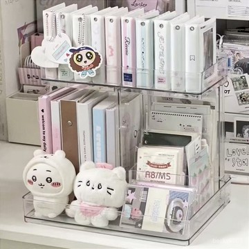 台灣出貨 透明桌面置物架亚克力ins风卡册吧唧展示娃娃文具书立便签整理盒