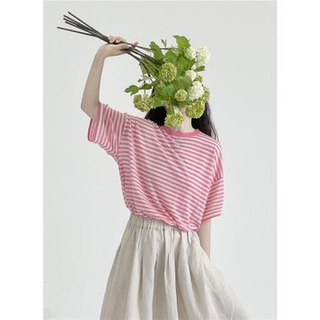 復述真絲桑蠶絲云甜粉白條紋T恤圓領寬松夏季韓版簡約短袖上衣女