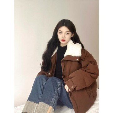 美式復古毛領拼接棉服女冬季2024新款小個子短款加厚保暖棉衣外套