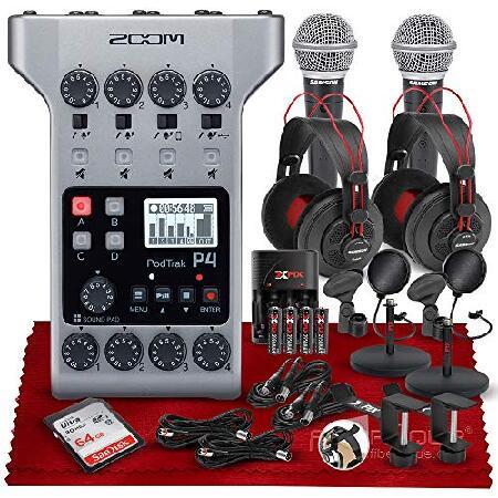 Zoom PodTrak P4 Portable Multitrack Podcast Recorder, Audio Interface w  Mic Inputs, Headphone Outputs   64GB SD, X Dynamic Microphone, 2X Samso