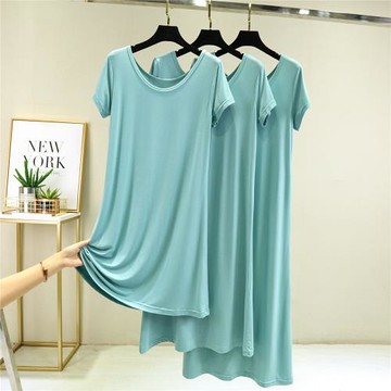 莫代爾短袖連衣裙女夏薄寬松襯裙大碼外穿圓領打底裙居家休閑長裙